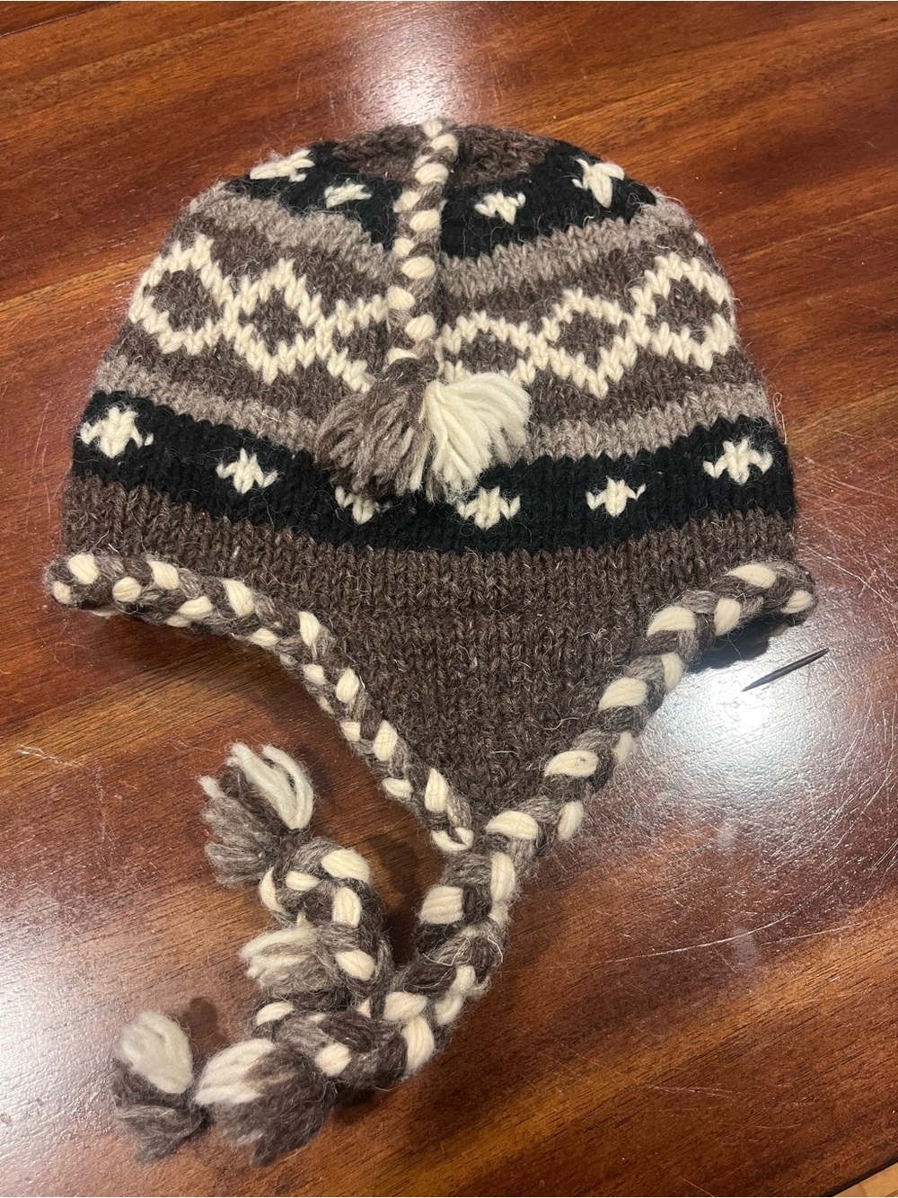 Men's Brown 100% WOOL Earflap Beanie with Cream Accents